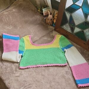 Sincerely Jules Pastel Crochet Crop Top With Bell Sleeves - Pink, Yellow, Green